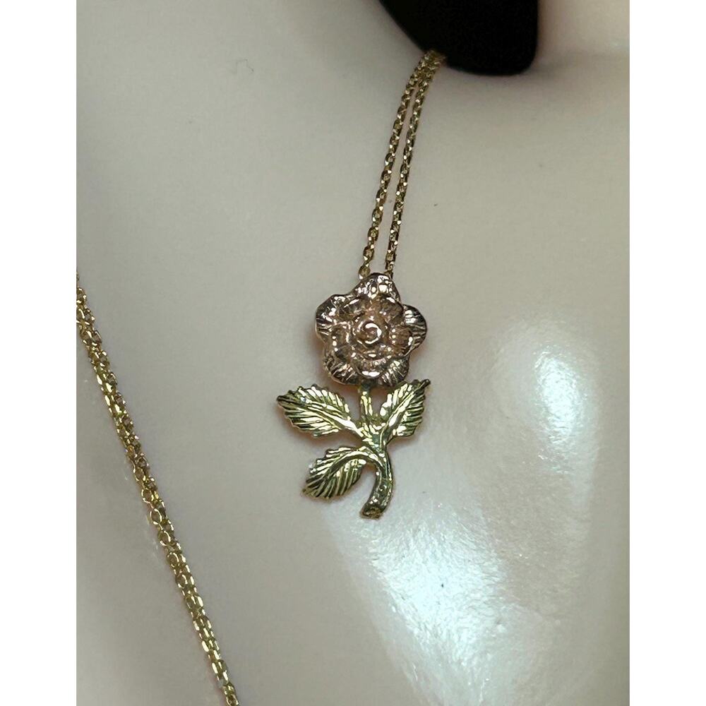 Vintage 14k solid yellow gold rose gold flower pendant dainty chain necklace 18”
